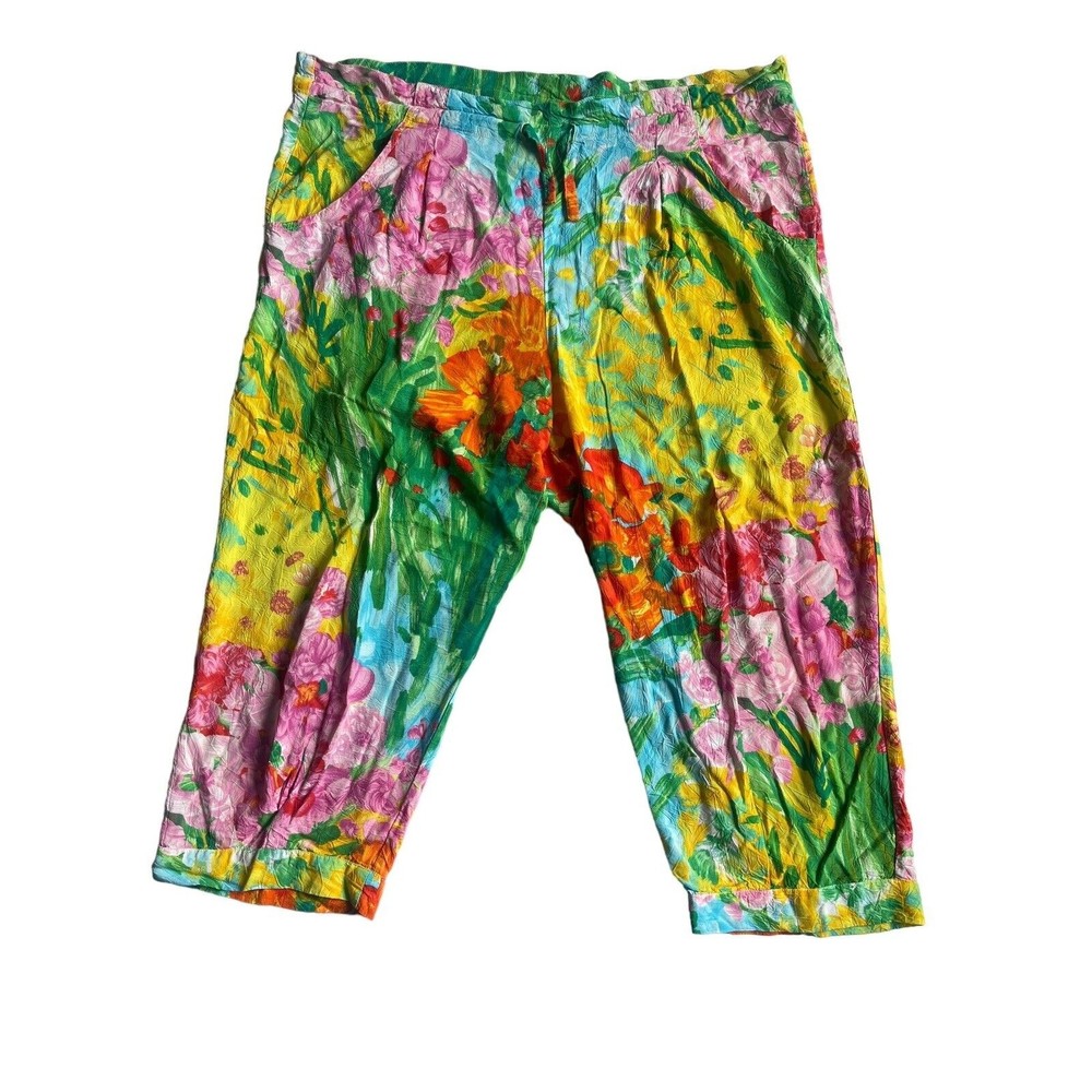 Vintage Jams World Pants Womens S Wide Leg Crop Floral Tropical Beach Garden‎